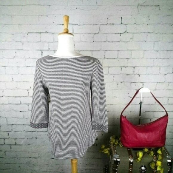 Adrienne Vittadini V-neck Striped Knit Top With Polka Dot Cuffs Gray Size Medium - Picture 3 of 5